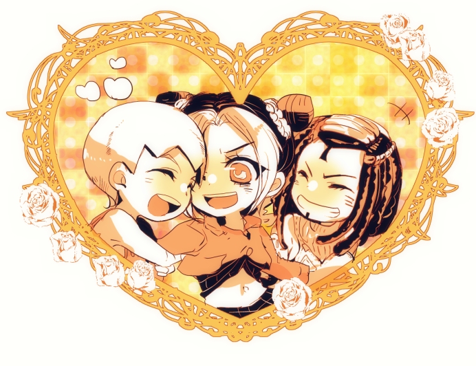 3girls bakanoise chibi double_bun dreadlocks ermes_costello flower foo_fighters_(jojo) hair_bun heart hug jojo_no_kimyou_na_bouken kuujou_jolyne midriff monochrome multiple_girls rose sadahara_inako short_hair