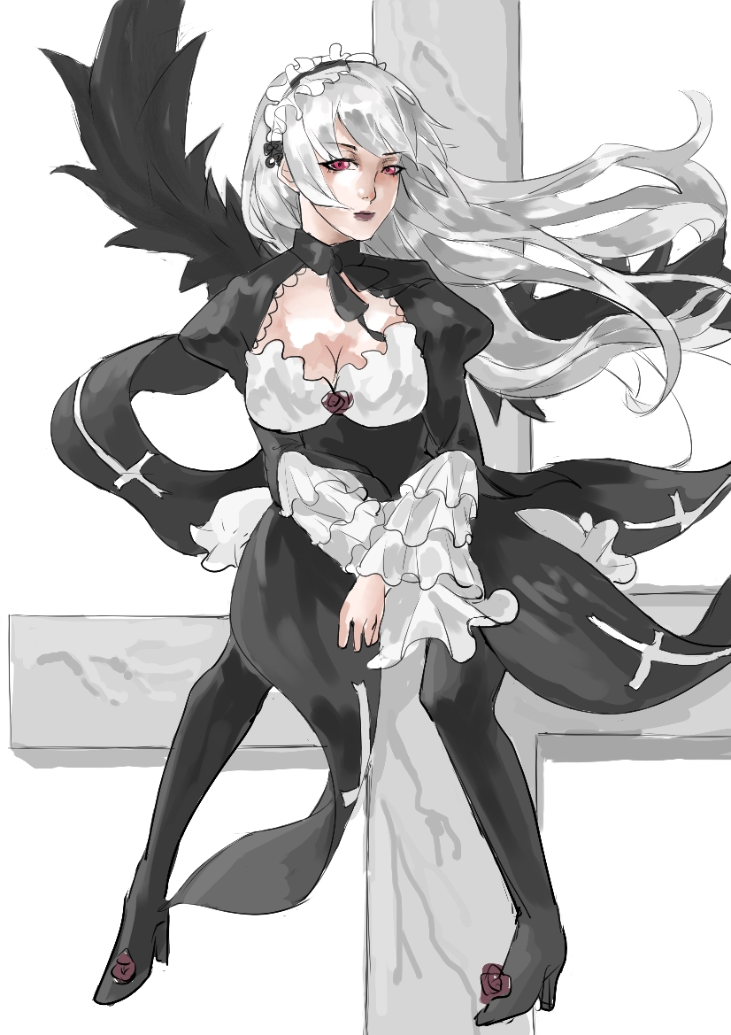 1girl cross frilled_cuffs full_body long_hair long_sleeves looking_at_viewer red_eyes rozen_maiden suigintou white_background white_hair white_headdress yinggu