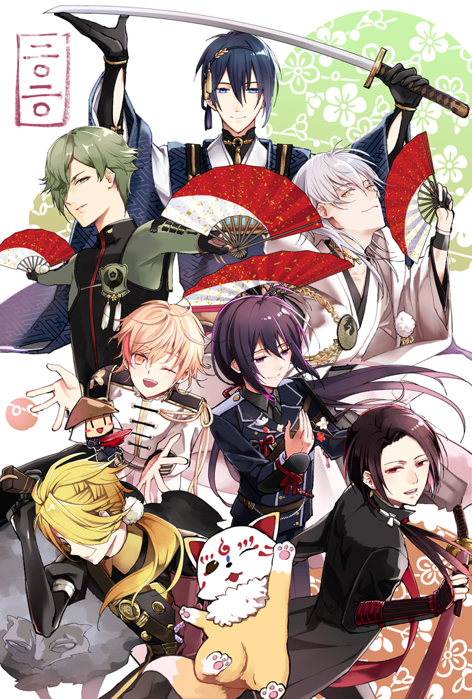 6+boys ;d ahoge black_gloves black_hair blonde_hair blue_eyes blue_hair brown_hair cup earrings folding_fan fox gloves green_eyes green_hair hair_over_one_eye hand_fan japanese_clothes jewelry kashuu_kiyomitsu katana konnosuke male_focus mikazuki_munechika military military_uniform mini_person miniboy mole mole_under_mouth monoyoshi_sadamune multiple_boys namazuo_toushirou necktie one_eye_closed open_mouth ponytail purple_eyes raikinagi red_eyes red_scarf sakazuki sayagata scarf shishiou_(touken_ranbu) shishiou_no_mofumofu smile sword touken_ranbu tousou_(touken_ranbu) tsurumaru_kuninaga uguisumaru weapon white_hair yellow_eyes