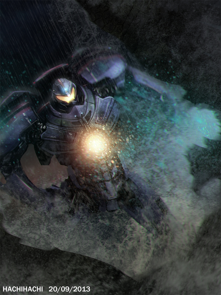 bad_id bad_pixiv_id battle bioluminescence cannon chest_cannon delant energy energy_cannon energy_weapon gipsy_danger glowing glowing_blood hachifuku jaeger_(pacific_rim) kaiju knifehead legendary_pictures mecha monster no_humans nuclear_vortex_turbine ocean pacific_rim pan_pacific_defense_corps rain robot science_fiction storm stormy_waters super_robot weapon