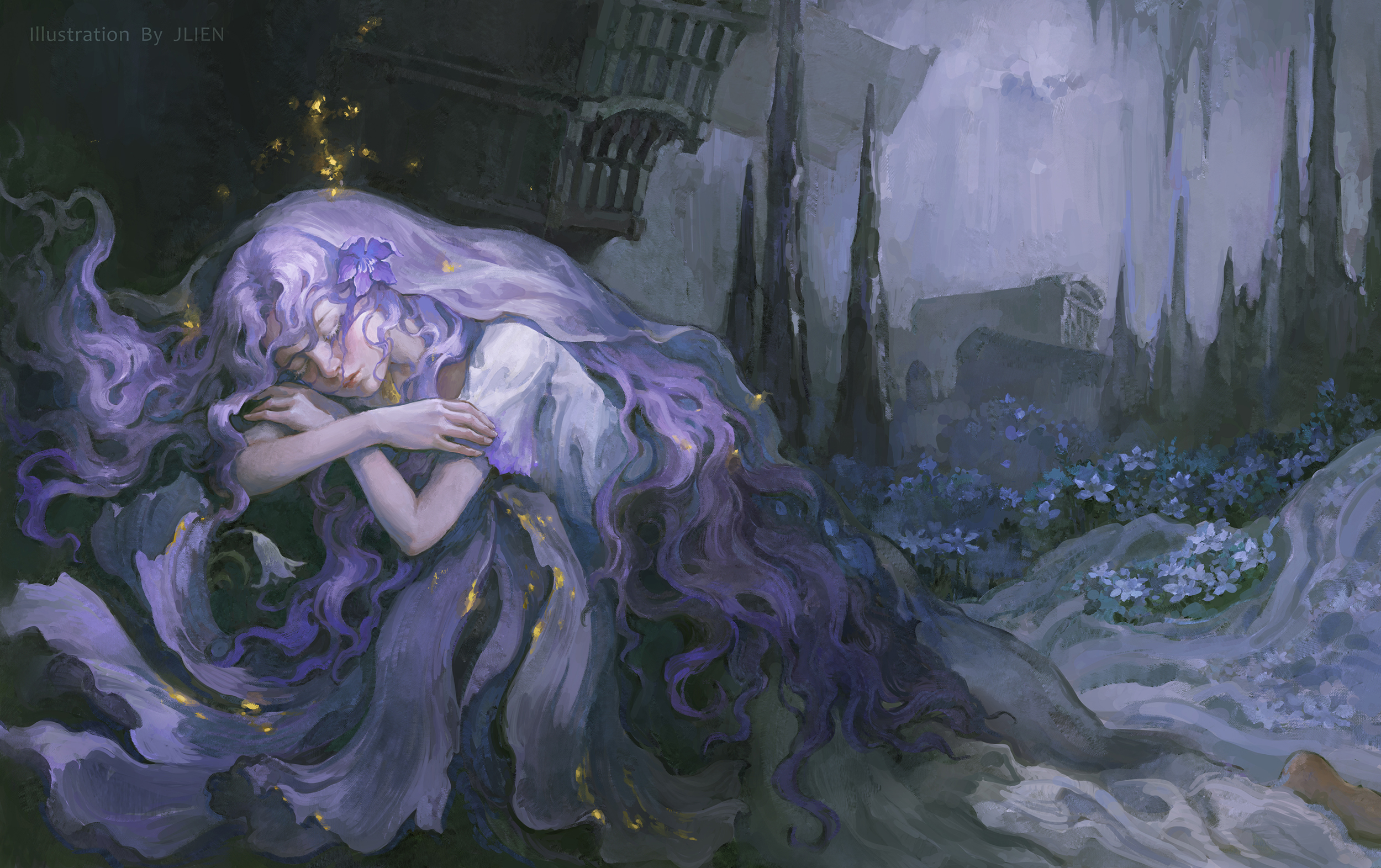 1girl artist_name barefoot cave cave_interior closed_eyes colored_eyelashes commentary elden_ring elden_ring:_shadow_of_the_erdtree flower highres jlien- lily_(flower) purple_flower purple_hair purple_liquid short_sleeves sleeping solo st._trina_(elden_ring) stalactite stalagmite tunic wavy_hair white_tunic