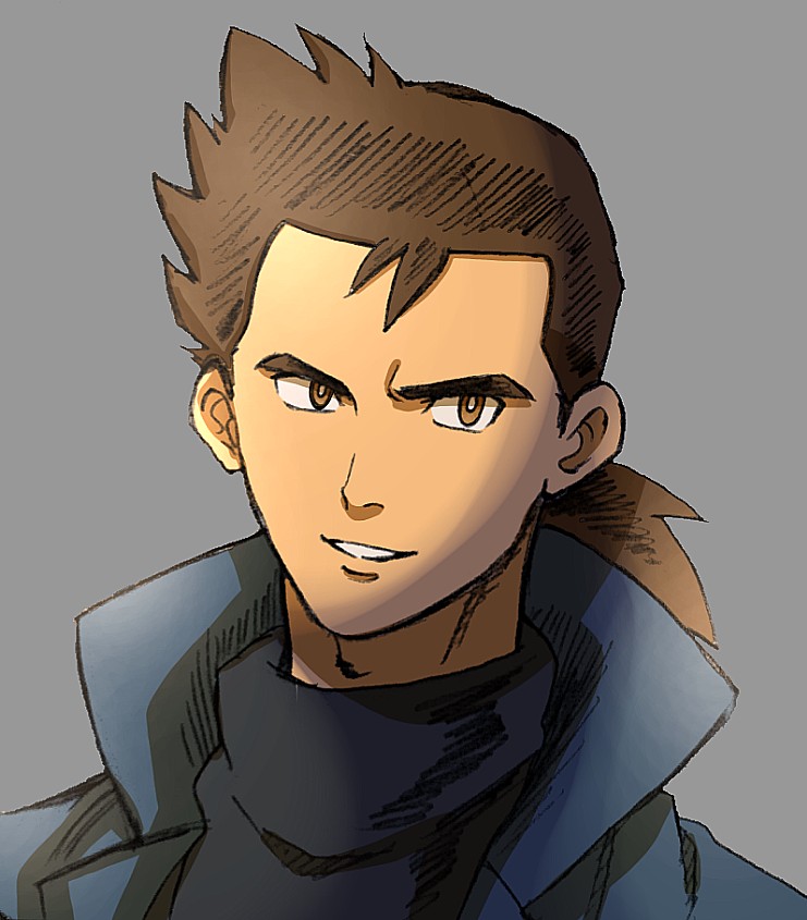 1boy aged_down black_sweater blue_coat bright_pupils brown_eyes brown_hair coat commentary_request grey_background looking_to_the_side male_focus medium_hair nintendo parted_lips pokemon pokemon_hgss popped_collar portrait pryce_(pokemon) sanwari_(aruji_yume) simple_background smile solo sweater upper_body white_pupils