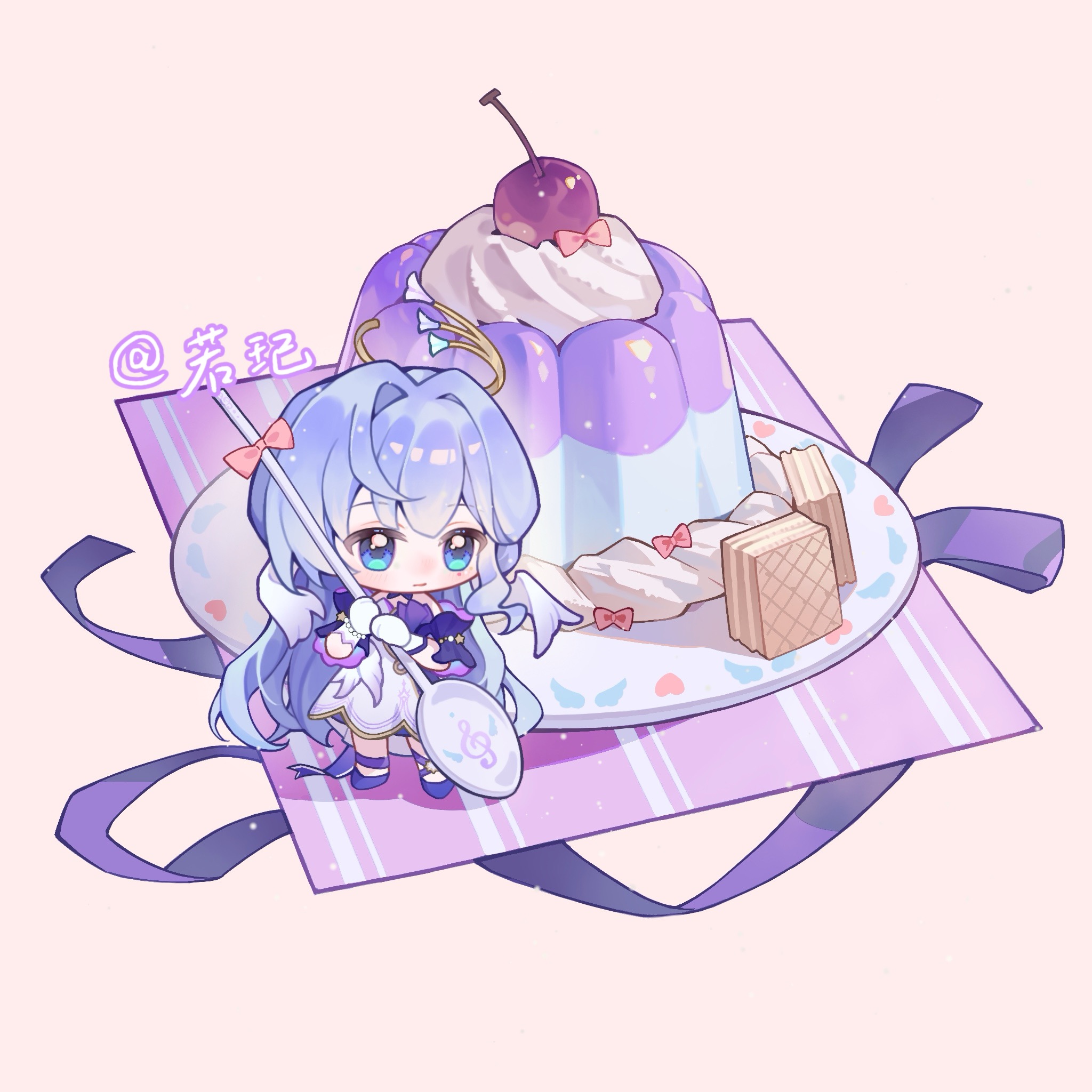 1girl blue_hair cherry chibi chibi_only chinese_commentary commentary_request dress food fruit gloves halo head_wings highres holding holding_spoon honkai:_star_rail honkai_(series) jewel_under_eye light_blue_hair pink_background pudding robin_(honkai:_star_rail) ruo_qi solo spoon standing wafer whipped_cream white_dress white_gloves wings