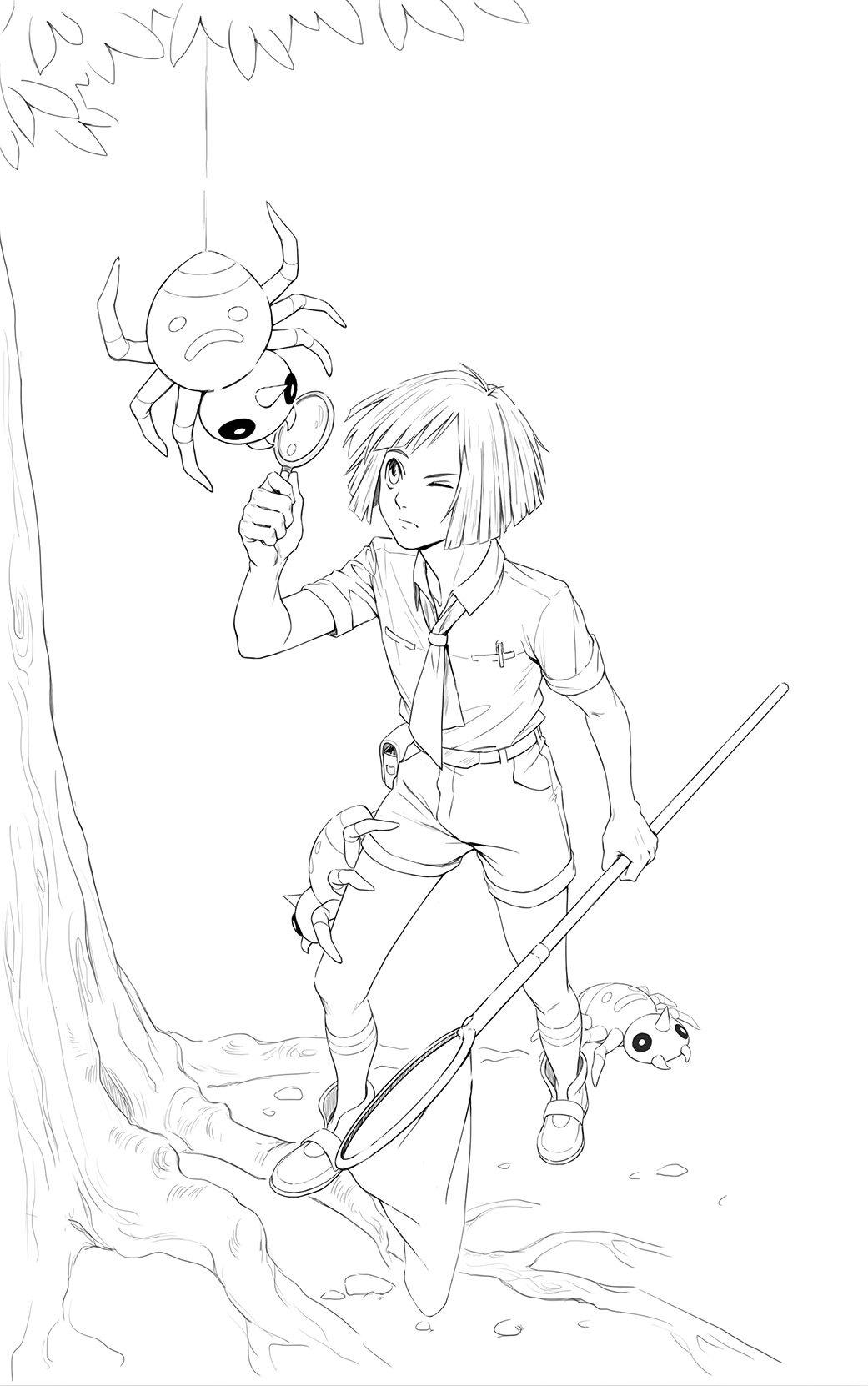 1boy belt_buckle belt_pouch buckle bugsy_(pokemon) butterfly_net closed_mouth collared_shirt commentary gen_2_pokemon greyscale hand_net highres holding holding_butterfly_net holding_magnifying_glass inktober kazuko_(towa) knees looking_up magnifying_glass male_focus monochrome neckerchief nintendo one_eye_closed outdoors pokemon pokemon_(creature) pokemon_hgss pokemon_on_leg pouch shirt shoes short_hair short_sleeves shorts socks spinarak standing tree