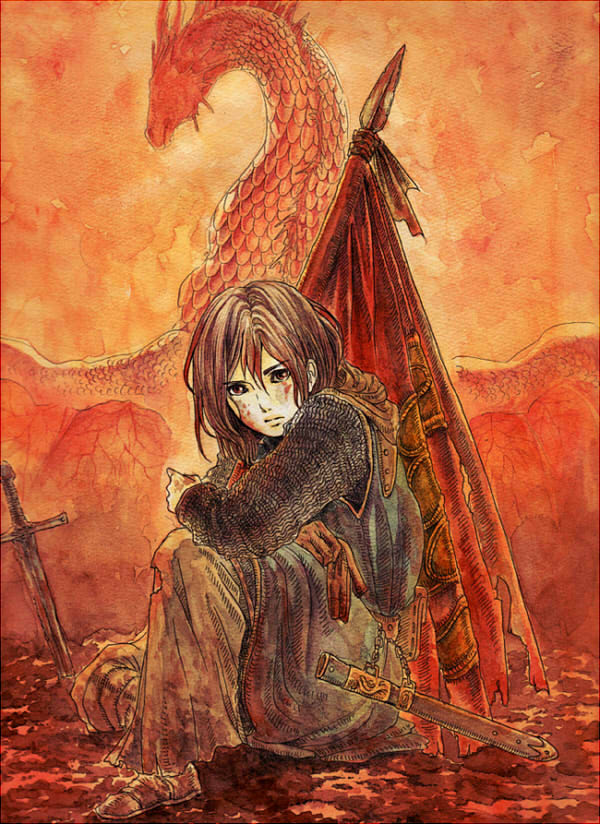 1boy ajitsuke_nori androgynous armor blood blood_on_face brown_gloves brown_hair chainmail dragon flag gloves hair_between_eyes knee_up long_sleeves looking_at_viewer looking_to_the_side male_focus on_ground original pants planted planted_sword planted_weapon red_theme sandals scabbard sheath single_glove sitting sword torn_flag tunic unsheathed unworn_gloves weapon western_dragon