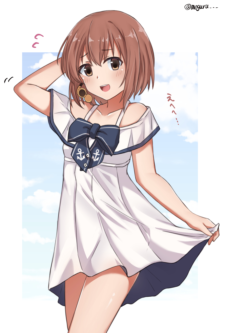 1girl anchor anchor_symbol arm_behind_head bad_id bad_twitter_id blush brown_eyes brown_hair cloud dress female_focus flying_sweatdrops highres kantai_collection meguru_(megurunn) short_hair simple_background skirt_hold solo twitter_username white_dress yukikaze_(kancolle)