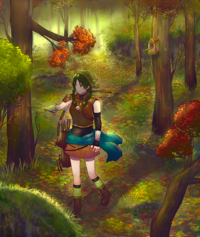 1girl arrow_(projectile) bad_id bad_twitter_id boots bow_(weapon) female_focus fire_emblem fire_emblem:_the_blazing_blade full_body gloves green_eyes green_hair headband holding lijupy nintendo outdoors rebecca_(fire_emblem) skirt solo walking weapon