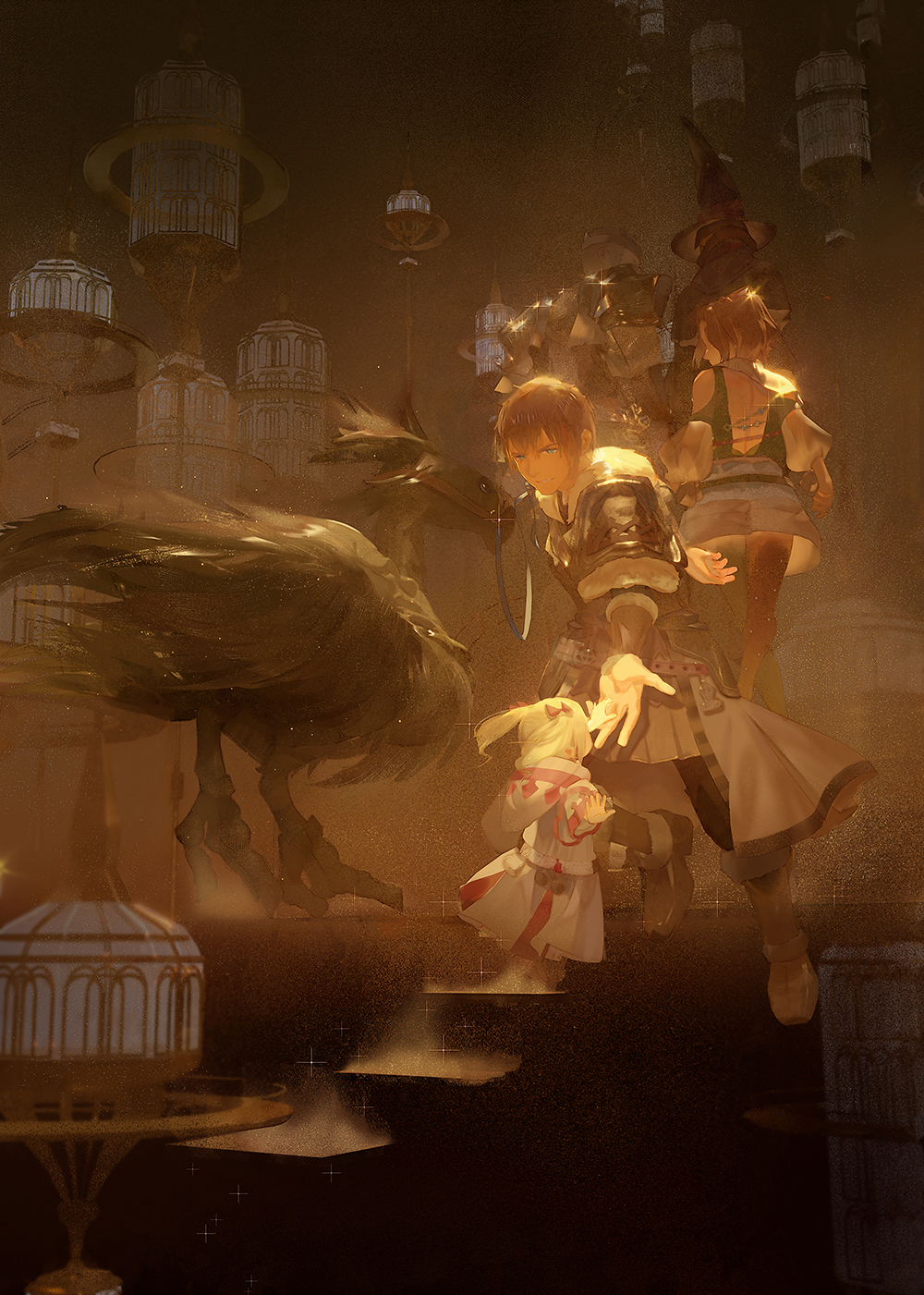 2girls 3boys amaro_(ff14) animal_ears ardbert_hylfyst armor blonde_hair blue_eyes branden_(ff14) brown_hair cat_ears elezen elf final_fantasy final_fantasy_xiv hat highres hyur lalafell lamitt miqo&#039;te multiple_boys multiple_girls nyelbert pointy_ears renda-rae roegadyn shoulder_armor two_side_up witch_hat zxin