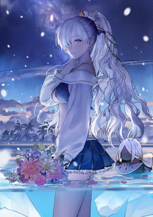 1girl anastasia_(fate) anastasia_(swimsuit_archer)_(fate) anastasia_(swimsuit_archer)_(third_ascension)_(fate) arm_at_side bikini bikini_skirt blue_bikini blue_eyes blue_skirt bouquet breasts cleavage cloud cowboy_shot fate/grand_order fate_(series) flower flower_request food frilled_skirt frills from_side fruit game_cg hair_over_one_eye hand_in_own_hair hand_on_own_shoulder hand_up high_ponytail holding holding_food holding_fruit holding_watermelon ice jewelry layered_skirt long_hair long_sleeves looking_at_viewer looking_to_the_side medium_breasts miniskirt off-shoulder_bikini off_shoulder official_art palm_tree parted_bangs parted_lips partially_submerged partially_underwater_shot pendant petals pink_flower ponytail puffy_long_sleeves puffy_sleeves purple_flower sime_(echo) skirt sling_bikini_top smile snowing solo standing swimsuit third-party_source tree very_long_hair viy_(fate) watermelon watermelon_slice white_flower white_hair white_sleeves wide_ponytail