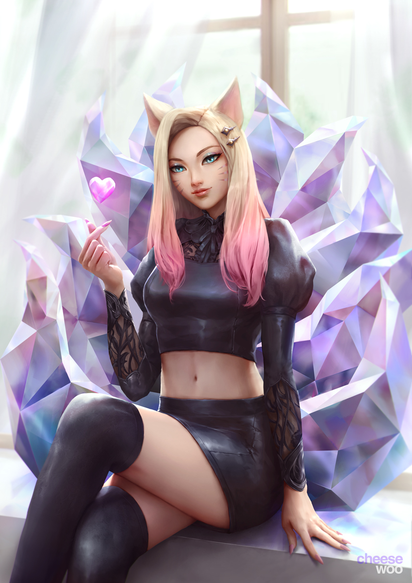 1girl ahri_(league_of_legends) animal_ears artist_name blonde_hair blue_eyes breasts cheesewoo closed_mouth colored_tips crop_top crystal_tail curtains eyeshadow facial_hair facial_mark fingernails fox_ears hair_ornament hairclip heart highres k/da_(league_of_legends) league_of_legends crossed_legs lips long_fingernails long_hair long_sleeves looking_at_viewer makeup midriff miniskirt multicolored_hair multiple_tails nail_polish navel pink_hair pink_nails sitting skirt snapping_fingers solo straight_hair tail the_baddest_ahri thighhighs two-tone_hair vastaya whisker_markings window zettai_ryouiki