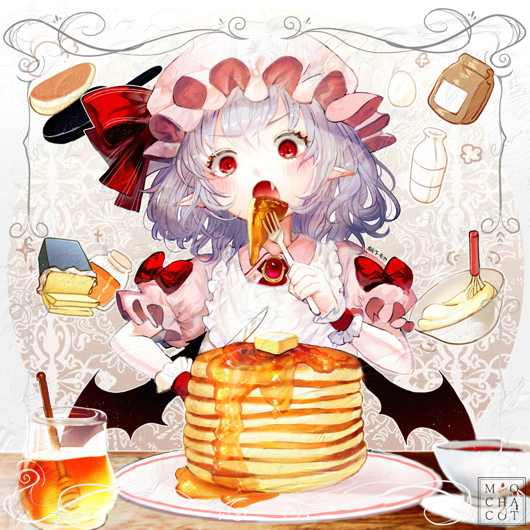 1girl :o abstract_background arm_up artist_name ascot batter bib blouse blue_hair blush bottle bowl brooch butter commentary_request cup eating egg fang female_focus food fork frying_pan gem gradient_background hat hat_ribbon head_tilt holding holding_fork holding_knife honey jar jewelry knife looking_at_viewer milk_bottle mob_cap mochacot open_mouth pancake pancake_stack pink_hat pink_shirt pointy_ears puffy_short_sleeves puffy_sleeves red_ascot red_eyes red_gemstone remilia_scarlet ribbon sack saucer shirt short_hair short_sleeves sleeve_ribbon slit_pupils solo teacup touhou whisk wrist_cuffs