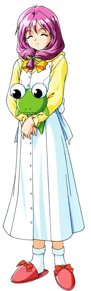 1990s_(style) 1girl ^_^ bow closed_eyes dress female_focus frog front_ponytail full_body kokura_masashi long_hair official_art pink_hair retro_artstyle ribbon scan shirayuki_miho slippers smile socks solo stuffed_animal stuffed_frog stuffed_toy tokimeki_memorial tokimeki_memorial_2
