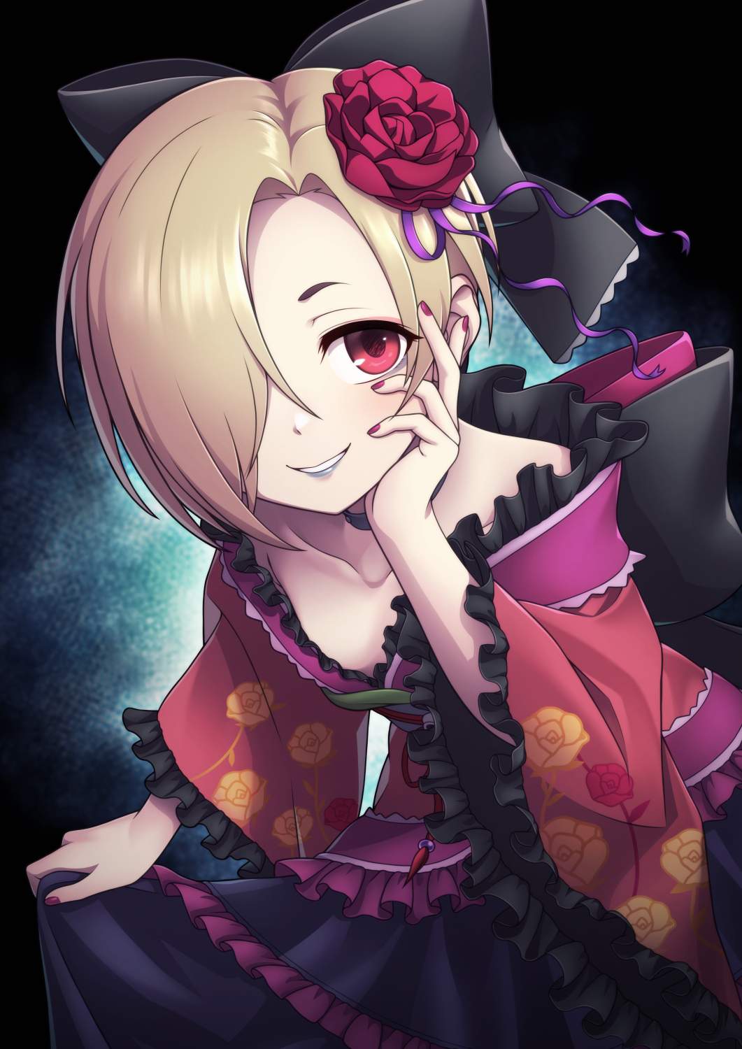 1girl blonde_hair blush bow floral_print flower frilled_kimono frills hair_bow hair_flower hair_ornament hair_over_one_eye hand_on_own_cheek hand_on_own_face highres idolmaster idolmaster_cinderella_girls japanese_clothes kimono lipstick looking_at_viewer makeup parted_lips print_kimono red_eyes shirasaka_koume short_hair smile solo taba_neruko
