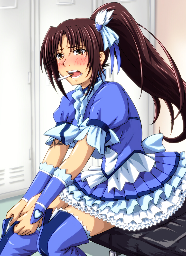 1girl black_lagoon blue_skirt blue_thighhighs blush boots brown_eyes brown_hair choker cigarette cosplay cure_beat cure_beat_(cosplay) diesel-turbo dress female_focus frills hair_ornament locker locker_room long_hair magical_girl mouth_hold open_mouth ponytail precure putting_on_footwear revy_(black_lagoon) sitting skirt solo suite_precure thigh_boots thighhighs toyoguchi_megumi voice_actor_connection