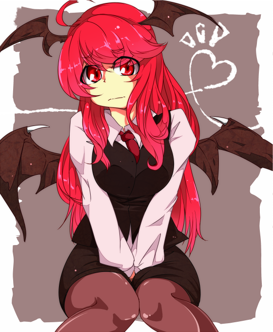 1girl :| ahoge bat_wings between_legs black_pantyhose border breasts closed_mouth dress_shirt embarrassed female_focus grey_background head_tilt head_wings heart heart_of_string koakuma large_breasts long_hair looking_at_viewer necktie outside_border pantyhose red_eyes red_hair shirt simple_background sitting skirt skirt_set solo touhou v_arms vest white_shirt wings yadokari yadokari_(yadokani)