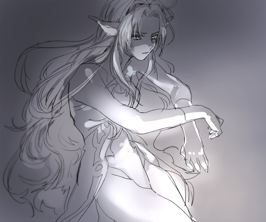 1girl breasts dress monochrome muzet_(tales) open_mouth pointy_ears tales_of_(series) tales_of_xillia very_long_hair