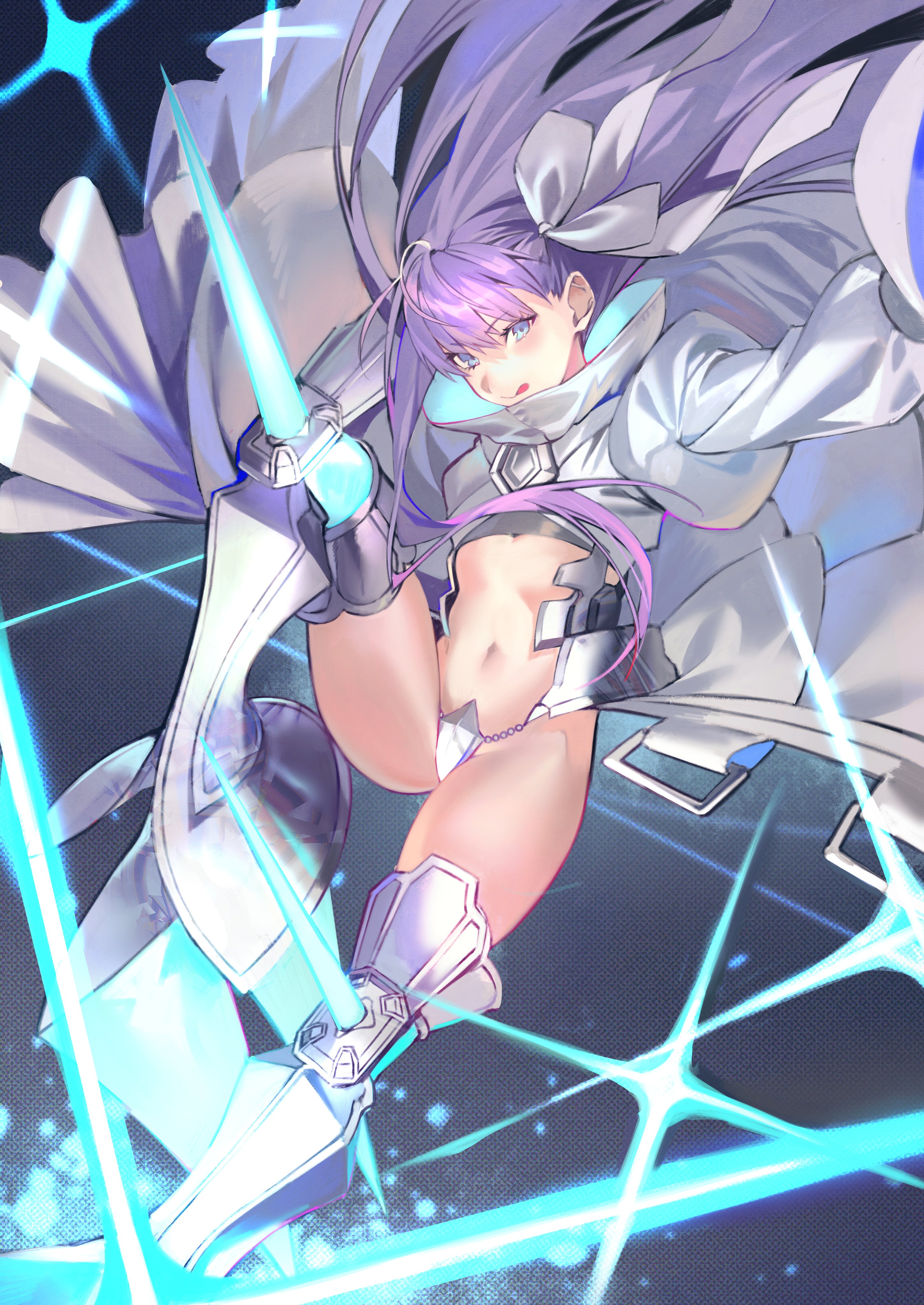 1girl :q absurdres blue_background blue_eyes closed_mouth clothing_request crotch_plate dress fate/grand_order fate_(series) floating_hair foot_out_of_frame hair_ribbon highres hiro_(hirohiro_gorira) leg_up long_hair looking_at_viewer meltryllis_(fate) meltryllis_(third_ascension)_(fate) navel purple_hair ribbon shin_guards solo tongue tongue_out very_long_hair white_dress white_ribbon