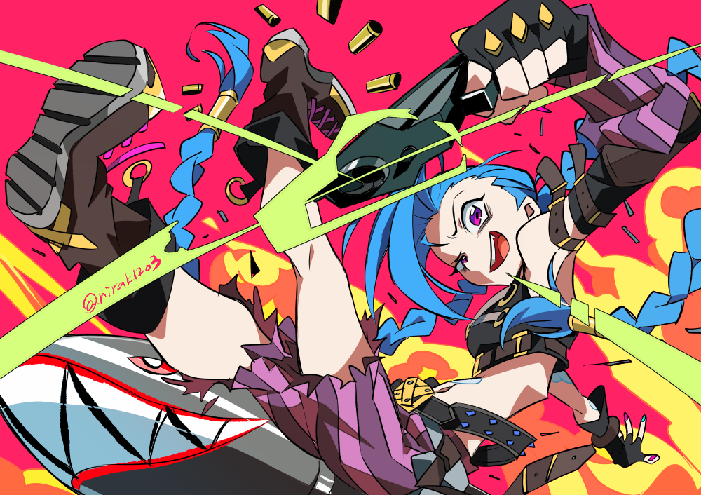 1girl arcane:_league_of_legends blue_hair boots braid breasts explosive gloves grenade jinx_(league_of_legends) league_of_legends long_hair twin_braids twintails very_long_hair weapons