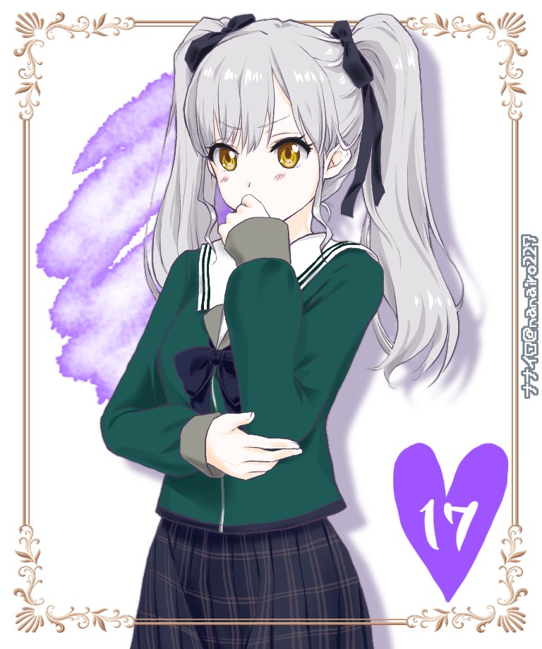 1girl 22/7 22/7_ongaku_no_jikan artist_name black_ribbon black_skirt blue_bow blue_bowtie blush bow bowtie brown_eyes covering_own_mouth cowboy_shot green_shirt hair_ribbon hand_on_own_elbow hand_over_own_mouth heart igarashi_maki long_sleeves nanairo_(nanairo227) plaid_clothes plaid_skirt pleated_skirt ribbon rokubanchou_school_uniform sailor_collar school_uniform serafuku shirt skirt solo twintails white_background white_hair white_sailor_collar winter_uniform
