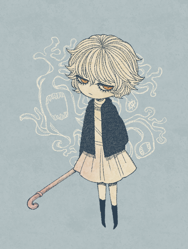 .flow 1girl black_jacket black_thighhighs blue_background chibi closed_mouth eleanor_(ohmyeleanor) expressionless hand_in_pocket holding holding_lead_pipe holding_weapon industrial_pipe jacket jitome lead_pipe looking_to_the_side messy_hair open_clothes open_jacket orange_eyes pleated_skirt sabitsuki short_hair skirt solo thighhighs weapon white_hair white_skirt