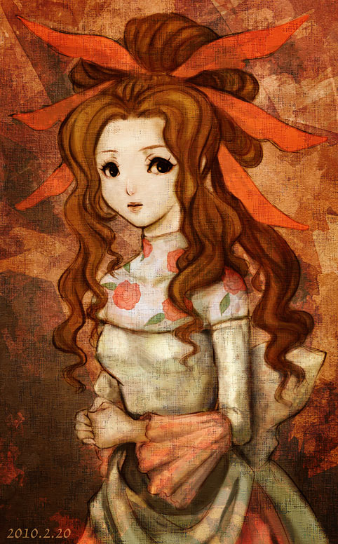 1girl back_bow bow brown_background brown_hair dress feather_hair_ornament feathers floral_print gina_(saga_frontier) hair_ornament long_hair looking_at_viewer nekobayashi saga saga_frontier solo