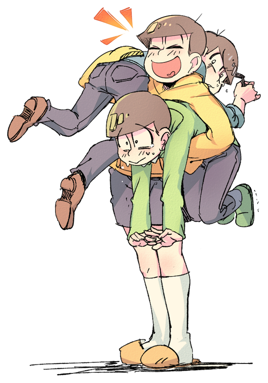 10s 3boys :&gt; ^^^ ^_^ ahoge ass black_hair blue_pants blush brothers brown_footwear carrying carrying_over_shoulder carrying_under_arm closed_eyes closed_mouth eyebrows flying_teardrops full_body glasses green_footwear hands_in_opposite_sleeves heart heart_in_mouth holding holding_removed_eyewear hood hood_down hoodie kneehighs long_sleeves male_focus matsuno_choromatsu matsuno_jyushimatsu matsuno_karamatsu motion_blur multiple_boys open_mouth osomatsu-kun osomatsu-san osomatsu_(series) own_hands_together pants pants_rolled_up pocket rian_(bdl) scared shoes shorts siblings sleeves_past_wrists slippers socks standing sunglasses sweat tears trembling unworn_eyewear white_background white_legwear