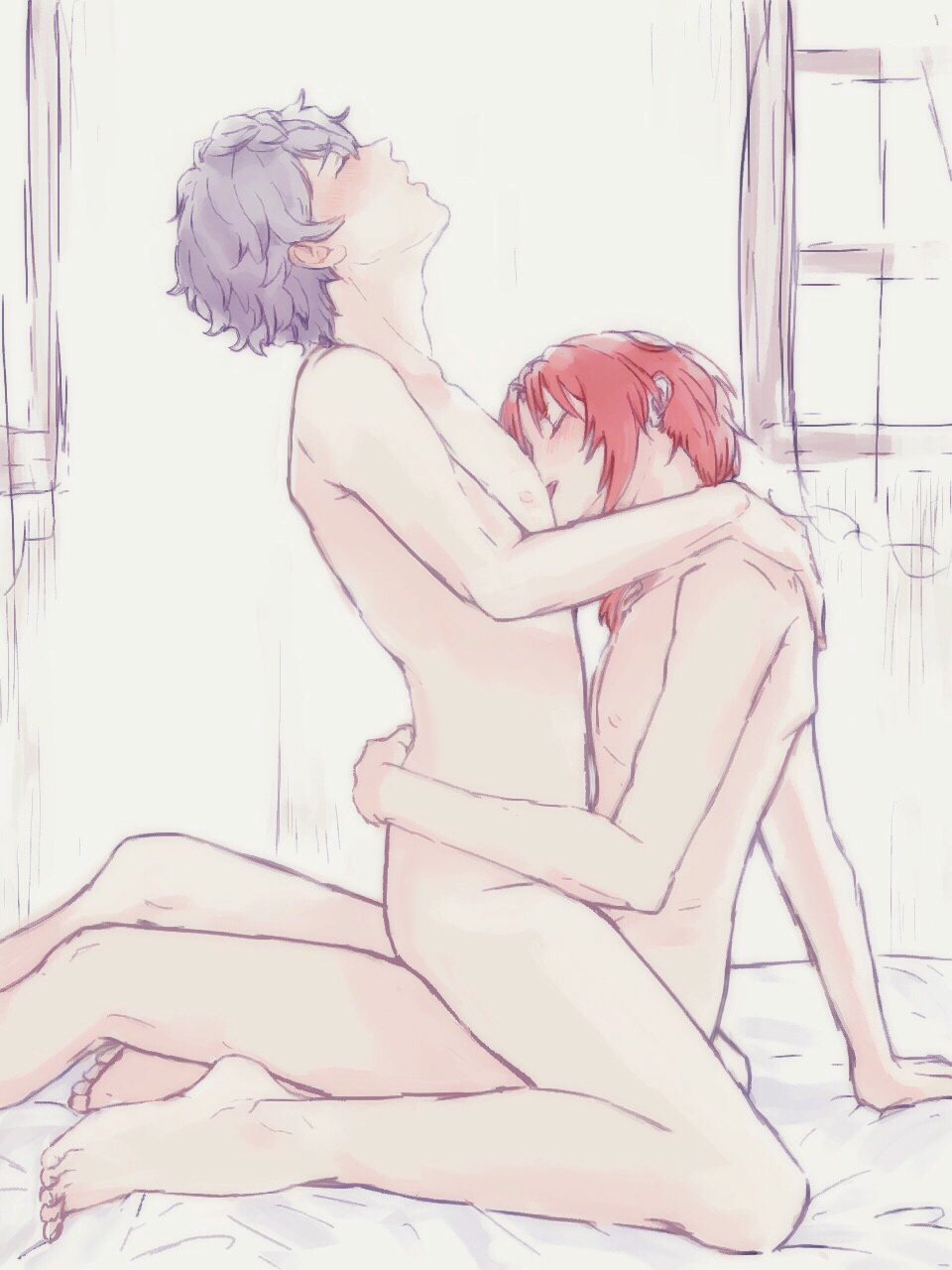 2boys anal bad_id bad_pixiv_id bed closed_eyes ensemble_stars! grey_hair head_back highres licking_nipple male_focus male_nipple_stimulation male_penetrated multiple_boys nipple_stimulation nude red_hair riding sena_izumi_(ensemble_stars!) sex sitting sitting_on_person tagme tsukinaga_leo uqkure window yaoi
