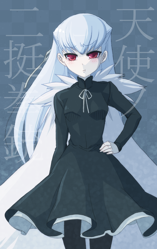 1girl :t angelos_armas bad_id bad_pixiv_id dougan_calpis_con dress female_focus hand_on_own_hip henri long_hair pantyhose pout red_eyes solo white_hair