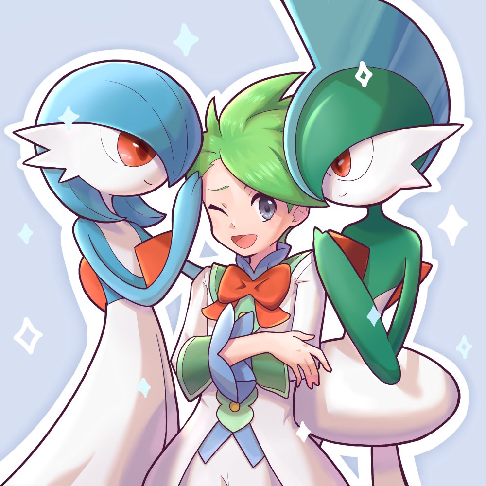 1boy ;d alternate_color bow bowtie buttons coat commentary ffccll gallade gardevoir gen_3_pokemon gen_4_pokemon green_hair grey_background grey_eyes male_focus nintendo official_alternate_costume one_eye_closed open_mouth orange_bow orange_bowtie outline pokemon pokemon_masters_ex shiny_pokemon short_hair shorts smile sparkle swept_bangs tongue wally_(pokemon) wally_(sygna_suit)_(pokemon) white_coat white_shorts