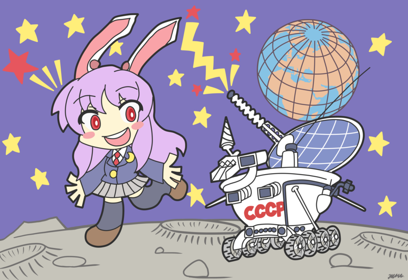 1girl :d animal_ears black_thighhighs brown_dress crater cyrillic dress earth_(planet) full_body globe grey_skirt happy loafers long_hair long_sleeves lunar_roving_vehicle lunar_surface machinery miniskirt mizunagi_kry moon moon_rabbit necktie on_moon open_mouth outdoors planet rabbit_ears reisen_udongein_inaba robot round_teeth running russian_text shoes skirt smile solar_panel space teeth thighhighs touhou ussr zettai_ryouiki