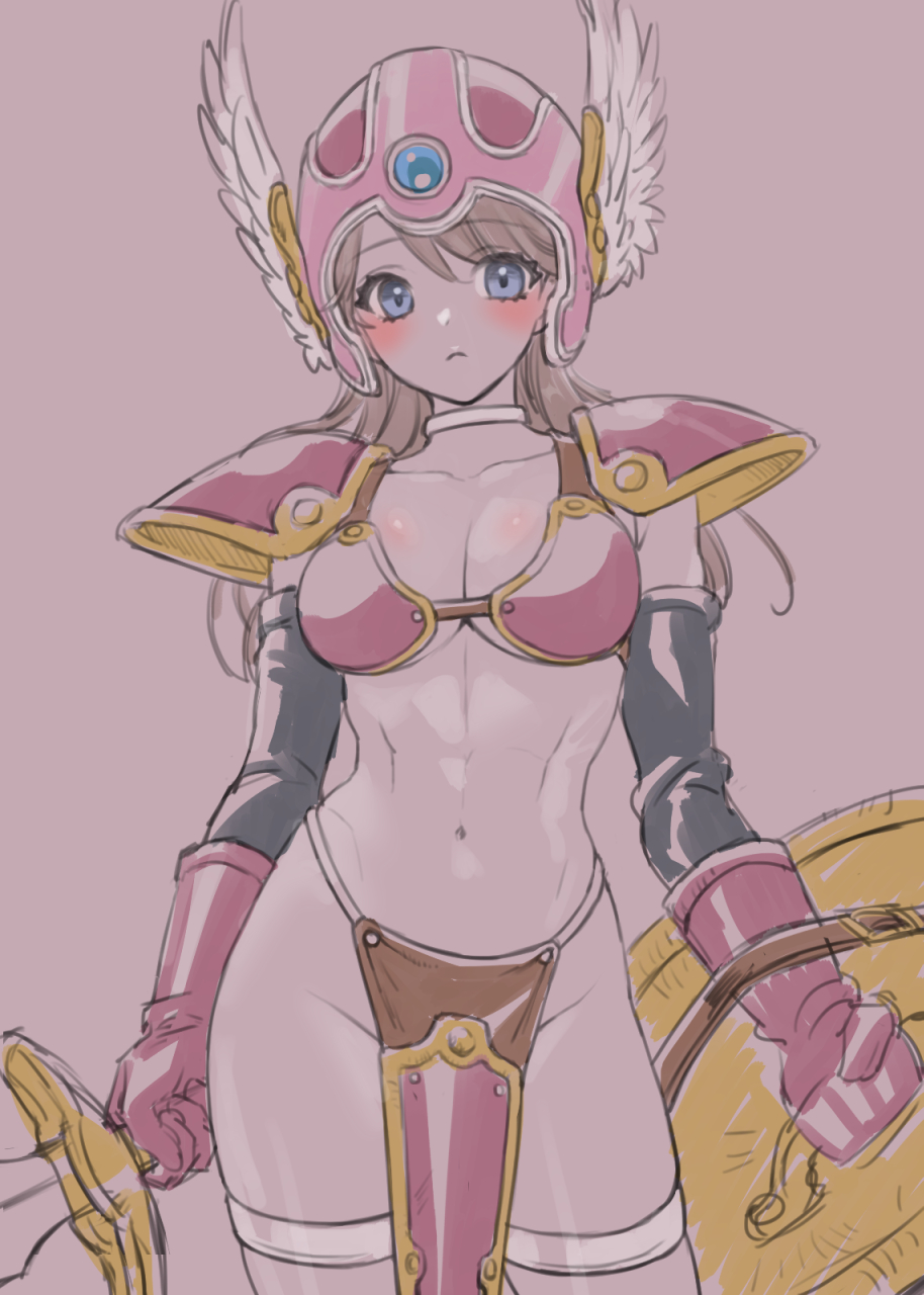 1girl armor bikini_armor blue_eyes blush breasts brown_hair cleavage cosplay dragon_quest dragon_quest_iii gloves helmet highres holding holding_shield holding_sword holding_weapon long_hair medium_breasts momo_nei navel original shield sketch warrior_(dq3) solo sword warrior_(dq3)_(cosplay) weapon winged_helmet