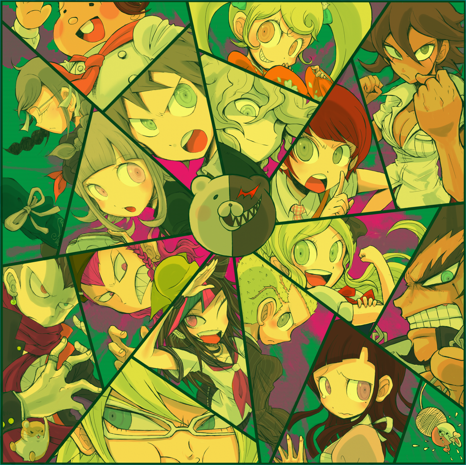 6+boys 6+girls bear black_bow black_hair black_shirt blonde_hair blue_eyes blush blush_stickers bound bow brown_hair closed_eyes closed_mouth danganronpa_(series) danganronpa_2:_goodbye_despair dark-skinned_female dark_skin ear_piercing face_piercing flying_sweatdrops from_side glasses green_eyes grey_hair grin hair_bow hamster hanamura_teruteru handheld_game_console heterochromia highres hinata_hajime holding holding_handheld_game_console japanese_clothes jewelry kimono koizumi_mahiru komaeda_nagito kouno_yukitoshi kuzuryu_fuyuhiko long_hair maga-g mioda_ibuki monokuma monomi_(danganronpa) mouth_piercing multicolored_hair multiple_boys multiple_girls nanami_chiaki neckerchief nidai_nekomaru one_eye_closed open_mouth orange_eyes orange_kimono owari_akane pekoyama_peko piercing pink_eyes pink_hair purple_eyes rabbit red_eyes red_hair red_neckerchief ring saionji_hiyoko salute scar scar_across_eye scar_on_face school_uniform serafuku sharp_teeth shirt short_hair smile soda_kazuichi sonia_nevermind tanaka_gundham teeth tied_up_(nonsexual) togami_byakuya_(danganronpa_2) tsumiki_mikan twintails upper_teeth_only v-shaped_eyebrows very_short_hair white-framed_eyewear white_shirt