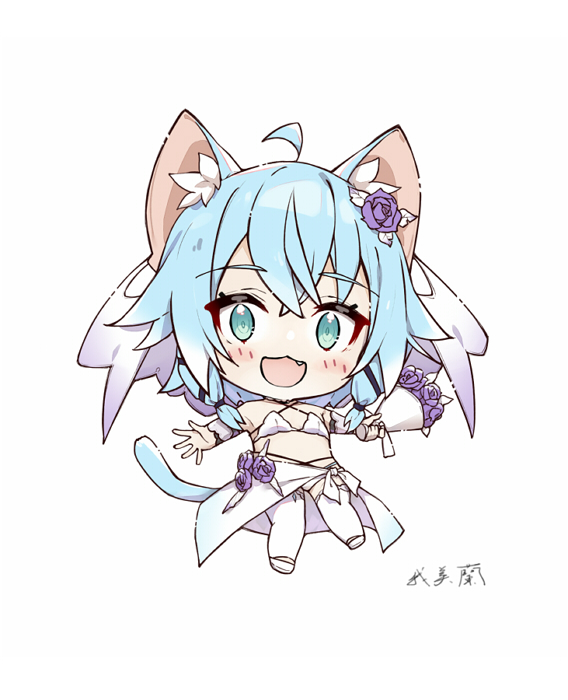 1girl :d ahoge animal_ear_fluff animal_ears bare_shoulders bikini blue_eyes blue_hair blush bouquet cat_ears cat_girl cat_tail chibi commentary_request fairy fang flower full_body gabiran hair_between_eyes holding holding_bouquet looking_at_viewer open_mouth purple_flower purple_rose rose shoes simple_background sinon smile solo swimsuit sword_art_online tail thighhighs white_background white_bikini white_shoes white_thighhighs