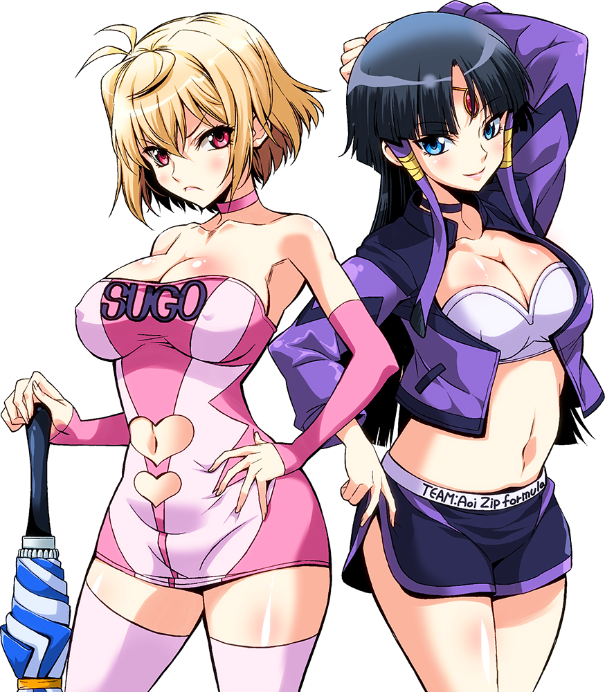 2girls angelise_ikaruga_misurugi antenna_hair arm_behind_head bare_shoulders black_hair blonde_hair blue_eyes blush body_blush bra breasts choker cleavage closed_umbrella clothing_cutout cosplay covered_erect_nipples cross_ange cutout_below_navel female_focus frown future_gpx_cyber_formula hand_on_own_hip heart_cutout jacket large_breasts long_hair looking_at_viewer midriff miniskirt multiple_girls navel navel_cutout pink_legwear race_queen red_eyes salamandinay sena_monaco short_hair shorts simple_background skirt smile standing strapless strapless_bra sugo_grand_prix_campaign_girl sugo_grand_prix_campaign_girl_(cosplay) thighhighs umbrella underwear white_background