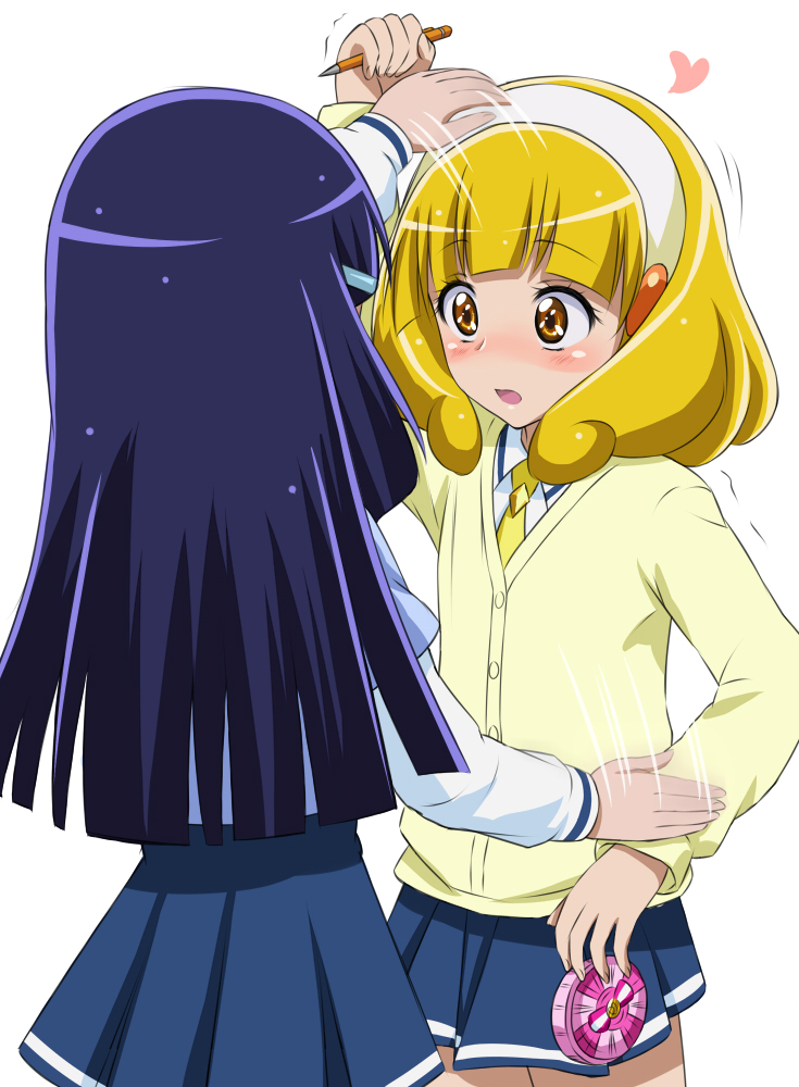 10s 2girls aoki_reika arm_up blonde_hair blue_hair blush cardigan commentary_request disarming eyelashes hair_tubes hairband heart kise_yayoi long_hair multiple_girls open_mouth pencil precure school_uniform short_hair smile_pact smile_precure! suzushiro_yukari white_hairband yellow_eyes yuri