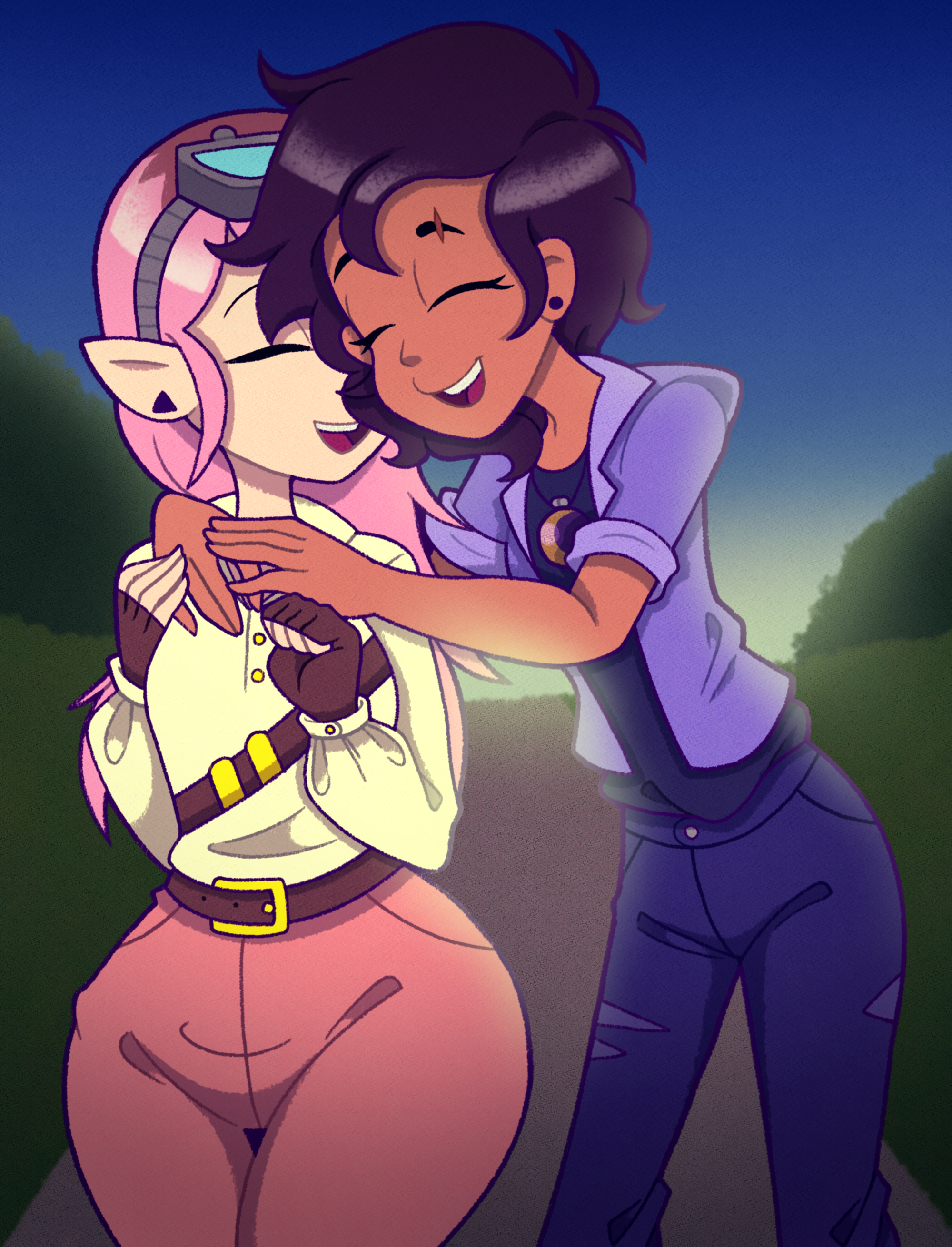 2girls absurdres amity_blight closed_eyes colored_skin couple dark-skinned_female dark_skin ear_piercing earrings eyelashes fingerless_gloves gloves highres hug jewelry luz_noceda multiple_girls nose open_mouth outdoors pants piercing pink_hair pink_pants pointy_ears shortstack stud_earrings teeth the_owl_house tongue tonyneely upper_teeth_only white_skin wide_hips