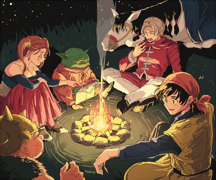 1girl 4boys bare_shoulders breasts brown_eyes brown_hair campfire closed_mouth colored_skin dragon_quest dragon_quest_viii dress earrings green_skin hero_(dq8) horse jessica_albert jewelry kukuru_(dq8) medea_(dq8) medium_breasts medium_hair miyama_(kannsannn) multiple_boys night open_mouth pointy_ears ponytail purple_shirt shirt silver_hair simple_background sky smile square_enix star_(sky) starry_sky strapless trode twintails yangus