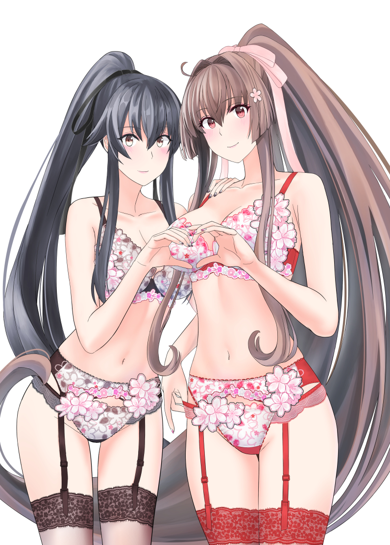 2girls black_garter_straps black_hair black_thighhighs breasts brown_eyes cleavage commentary_request cowboy_shot floral_print floral_print_bra floral_print_panties garter_belt garter_straps hair_intakes heart heart_hands heart_hands_duo kantai_collection large_breasts long_hair medium_breasts multiple_girls panties ponytail print_panties red_eyes red_garter_straps red_thighhighs sidelocks simple_background takase_asagiri thighhighs underwear underwear_only white_background yahagi_(kancolle) yamato_(kancolle)