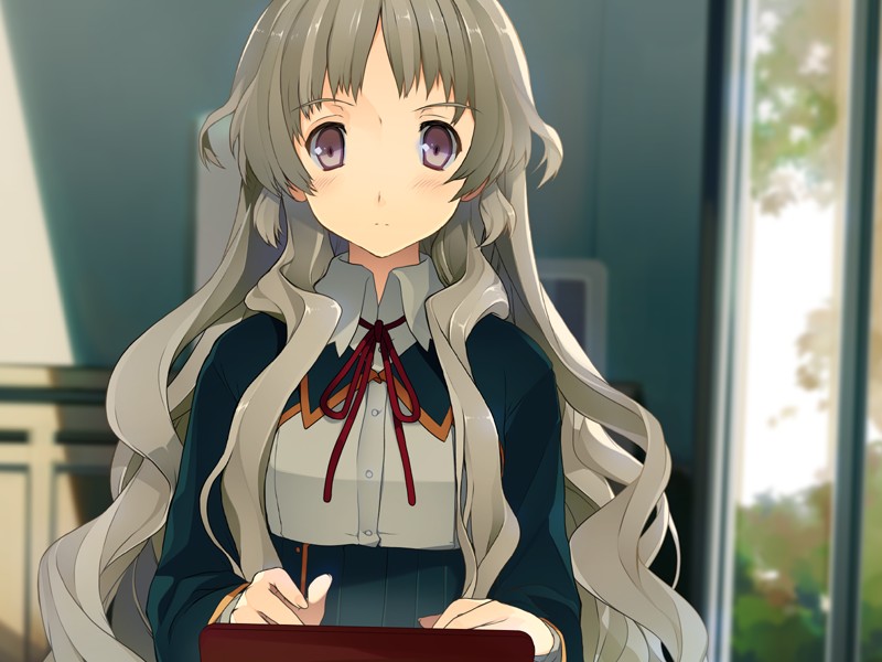 10s 1girl akinashi_yuu computer female_focus game_cg grey_hair kiba_mifuyu koi_to_senkyo_to_chocolate long_hair looking_down purple_eyes school_uniform serious sitting solo typing wavy_hair