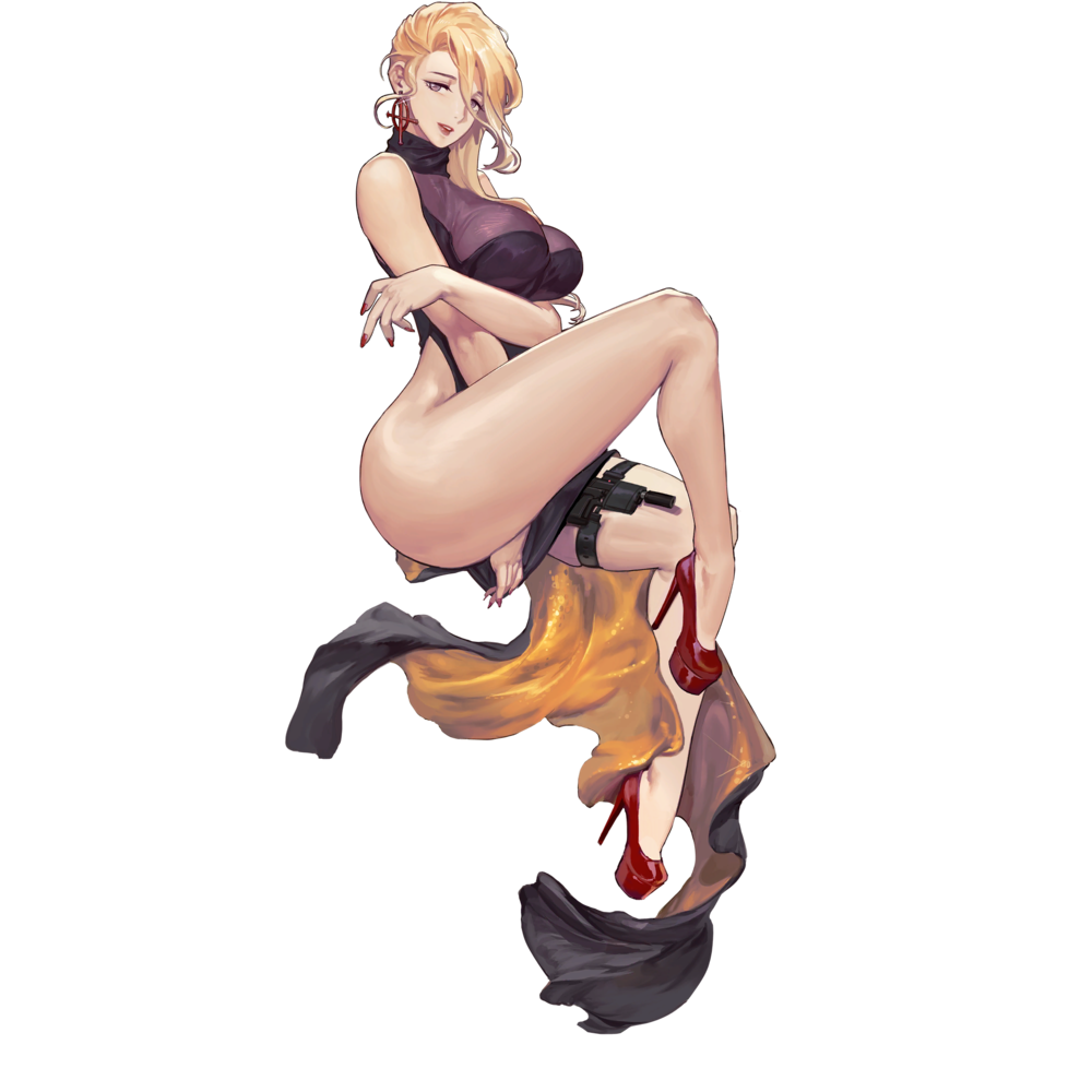 1girl amy_laser_(last_origin) amy_razor bare_arms bare_legs bare_shoulders blonde_hair breasts clothes_between_thighs dress earrings female_focus full_body game_cg gun handgun high_heels jewelry large_breasts last_origin long_dress long_hair looking_at_viewer nail_polish official_art pistol purple_eyes red_nails rorobomb side_slit solo tachi-e thighs transparent_background turtleneck turtleneck_dress weapon wide_hips