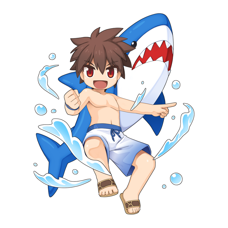 1boy :d brown_hair brown_sandals chibi chibi_only clenched_hand flip-flops full_body looking_at_viewer male_focus male_swimwear navel no_nipples official_art open_mouth orange_eyes ragnarok_online sandals shark short_hair simple_background smile solo spiked_hair swim_trunks topless_male transparent_background white_male_swimwear yuichirou