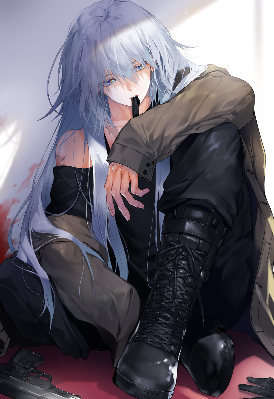 1girl black_boots black_jacket black_shirt blood blood_on_wall blue_eyes boots commentary_request earrings fn_five-seven gun hair_between_eyes hair_tie_in_mouth handgun highres jacket jewelry long_hair looking_to_the_side mouth_hold open_clothes open_jacket original partially_shaded_face pdw-caliber_pistol scar scar_on_chest scar_on_shoulder shirt sitting solo teeth very_long_hair waka_(shark_waka) weapon white_hair yellow_pupils