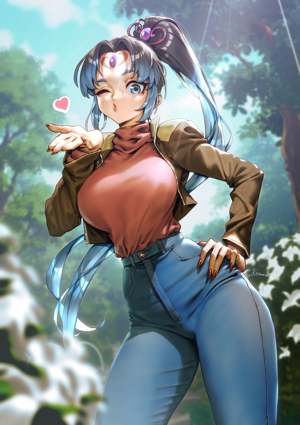 1girl black_hair blowing_kiss blue_eyes blue_hair blurry blurry_background breasts commission curtained_hair day denim facial_mark forehead_jewel forehead_mark hand_on_own_hip heart highres jeans kionaoki large_breasts long_hair looking_at_viewer multicolored_hair one_eye_closed original outdoors pants ponytail red_nails signature solo tree two-tone_hair
