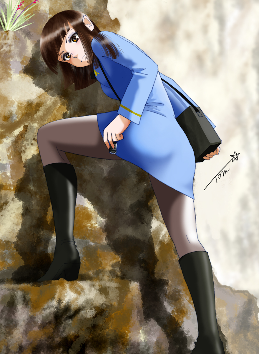 1girl bag blurry blurry_background boots brown_eyes brown_hair brown_pantyhose chutohampa communicator handbag highres knee_boots long_hair looking_at_viewer outdoors pantyhose pointy_ears shadow standing star_trek star_trek:_the_original_series starfleet_uniform vulcan walking