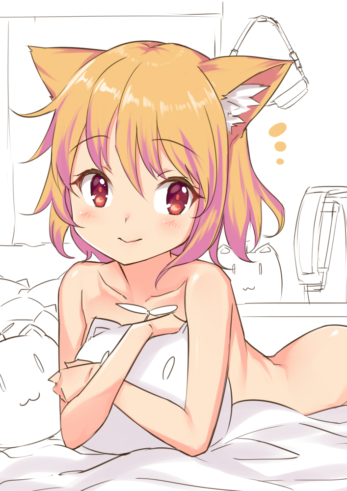 1girl :3 animal_ear_fluff animal_ears bed_sheet cat_ears cat_girl cocoa_(rabi-ribi) collarbone commentary_request goggles unworn_goggles light_blush looking_at_viewer lying medium_hair nude hugging_object on_stomach orange_hair partially_colored rabi-ribi red_eyes saiste smile solo