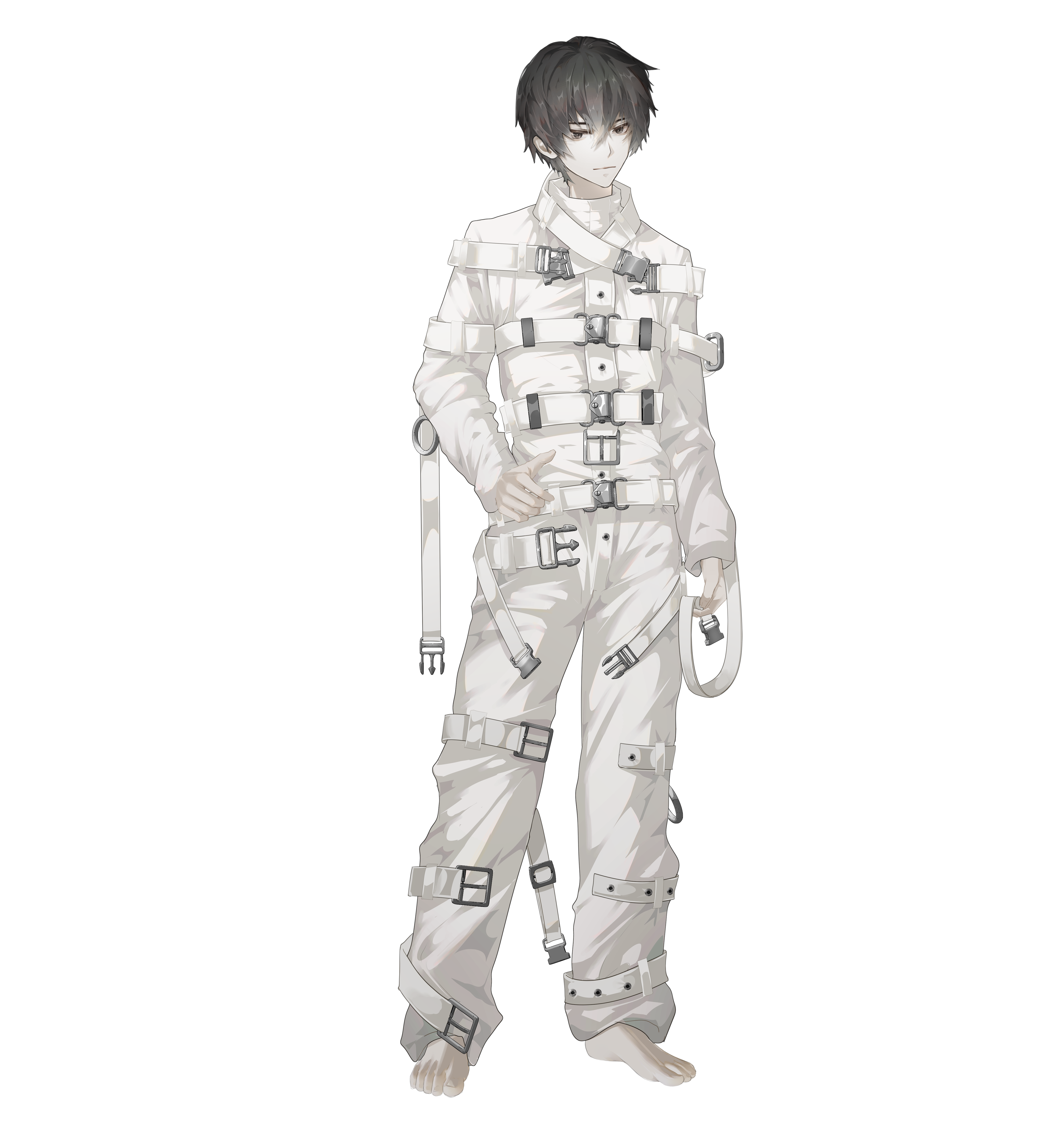1boy absurdres alternate_universe barefoot belt belt_buckle black_eyes black_hair buckle chest_harness chinese_commentary closed_mouth dao_gui_yi_xian full_body hair_between_eyes hand_on_own_hip harness highres holding holding_belt legbinder li_huowang li_huowang_(modern_world) long_sleeves looking_at_viewer male_focus official_alternate_costume official_alternate_hair_length official_alternate_hairstyle pants r-jiutian shirt short_hair simple_background sleeves_past_wrists solo standing straitjacket strap white_background white_belt white_pants white_shirt