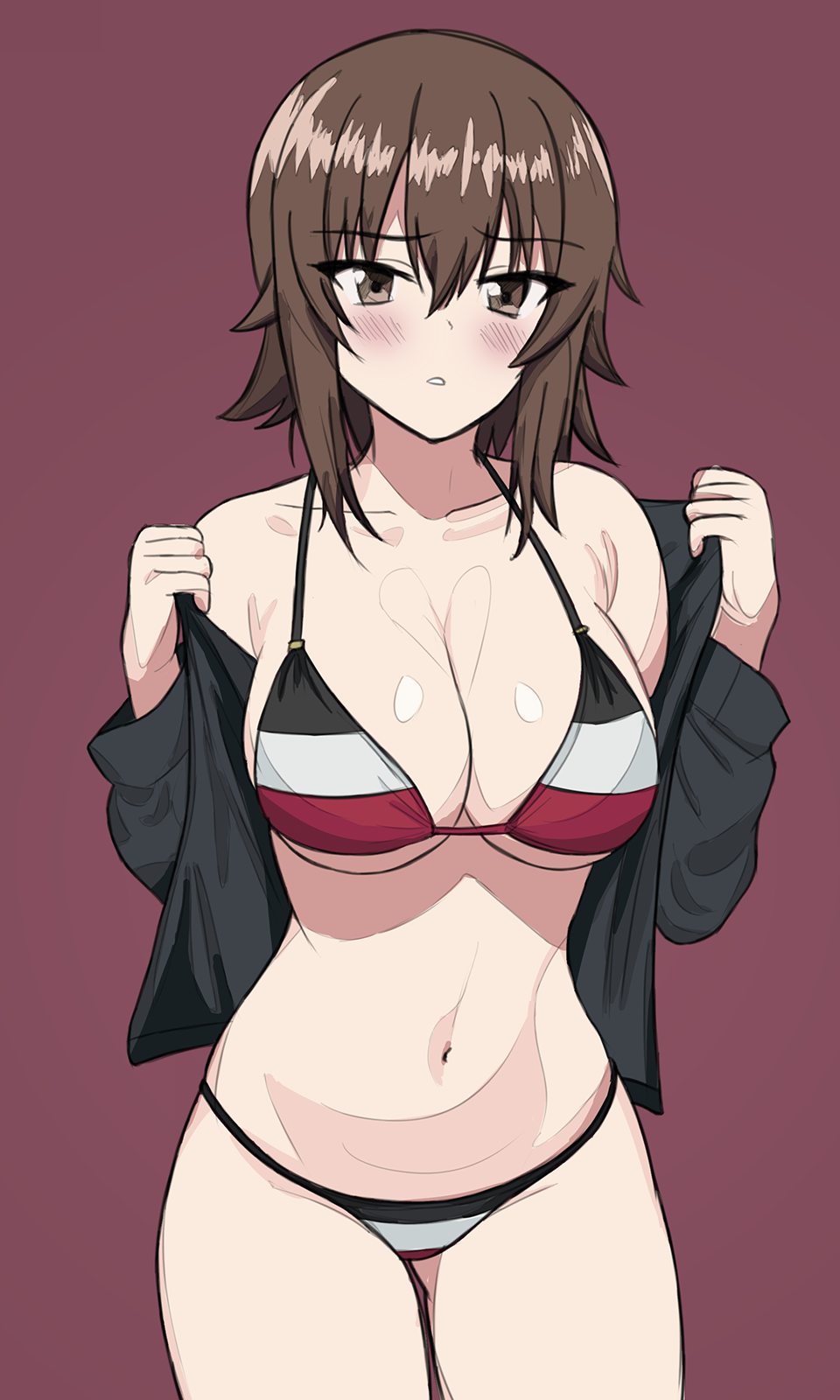 1girl alternate_costume bikini bikini_under_clothes black_shirt blush breasts brown_eyes cleavage clothes_lift collarbone cowboy_shot embarrassed flag_print flipped_hair furrowed_brow german_commentary german_flag_bikini girls_und_panzer groin hair_between_eyes hands_up highres kotorigaka long_sleeves looking_at_viewer medium_hair navel nishizumi_maho off_shoulder open_clothes open_shirt parted_lips red_background red_bikini shirt sideboob sidelocks simple_background solo standing string_bikini striped_bikini striped_clothes swimsuit thighs underboob white_bikini
