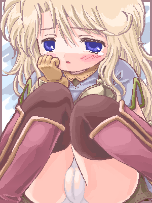 1girl 2000s_(style) archer_(ragnarok_online) badbullet blonde_hair blue_background blue_eyes blue_shirt blush brown_gloves brown_thighhighs cameltoe feet_out_of_frame gloves hand_on_own_cheek hand_on_own_face long_hair looking_at_viewer lowres muneate oekaki open_mouth panties pantyshot ragnarok_online shirt short_sleeves sitting solo tearing_up thighhighs underwear white_panties