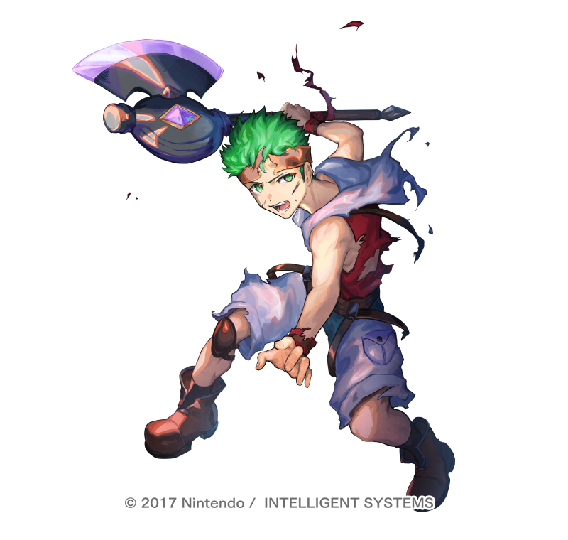 1boy aged_down axe boyd_(fire_emblem) boyd_(future_great)_(fire_emblem) child copyright_notice fire_emblem fire_emblem:_path_of_radiance fire_emblem_heroes full_body green_eyes green_hair headband holding holding_axe holding_weapon hood hoodie knee_pads male_focus nijimaarc nintendo official_art open_mouth short_hair single_knee_pad sleeveless sleeveless_hoodie solo torn_clothes weapon white_background