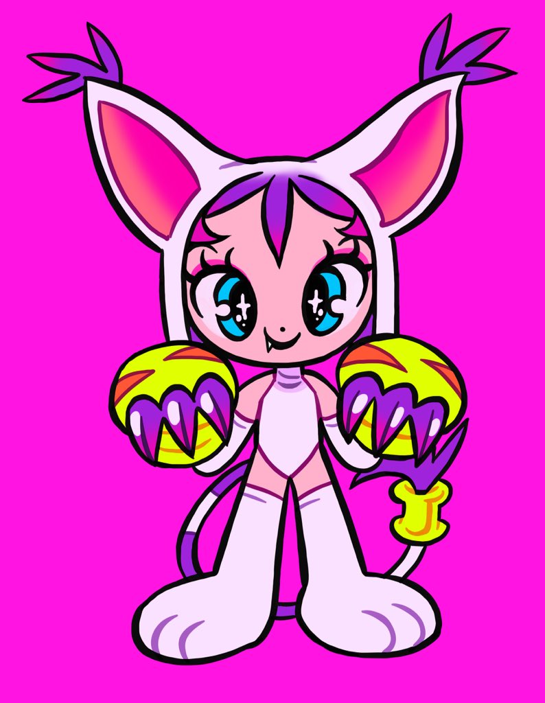 1girl animal_hands animal_hood blue_eyes cat_hood chibi claws digimon dot_nose elbow_gloves fang gloves hood jinx88_(jinx) leotard personification pink_background purple_hair short_hair simple_background smile solo sparkling_eyes tail tailmon white_gloves white_leotard